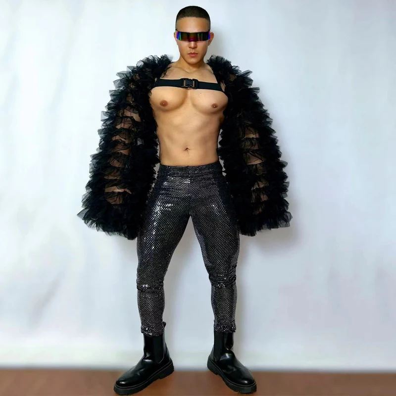 Sexy Pole Dance Outfit Men Fluffy Sleeves Sequins Pants Bar Gogo Dance Costumes Muscle Man Stage DS DJ Rave Clothes XS8091