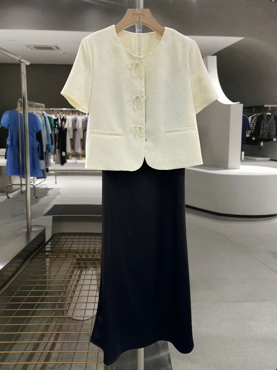 

New Chinese Sle Summer Floral Print Two-Piece Set Women's ter Dr Ele Faionable ort Sve round Ne Button up