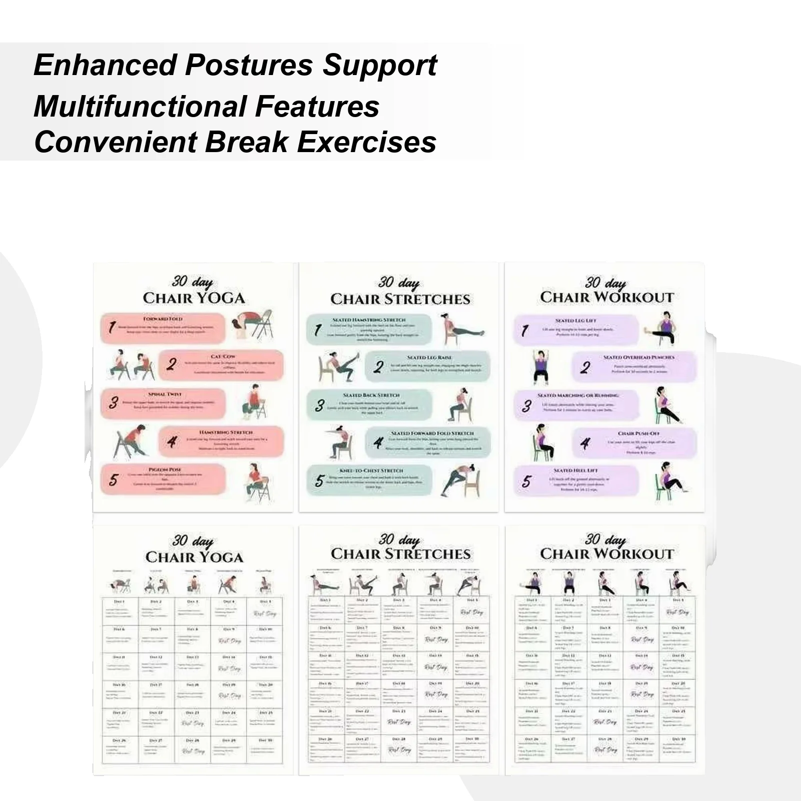 

Yoga Chairs For Adults 30-Day 6 Pieces Fitness Poster Seniors Chair Workouts For Travel Morning Working Family Friends Sports