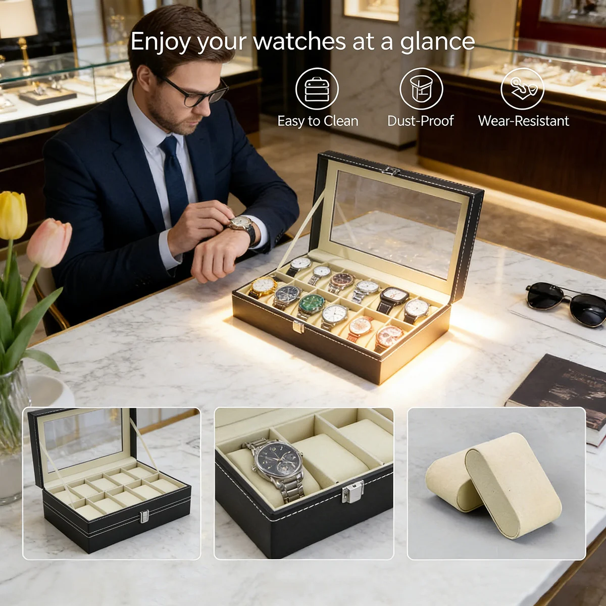 Men's Heavy-Duty PU Leather Watch Box with Display Lid,Large Capacity Watch Collector Case Suitable for Displaying