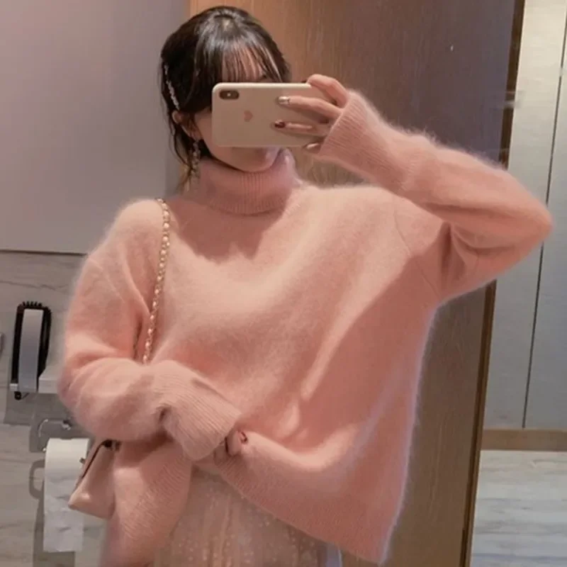 2024 NEW Women Winter Turtleneck Long Sleeve Knitted Sweater Women Loose Big Size White Fluffy Pullover Angora Soft Sweater