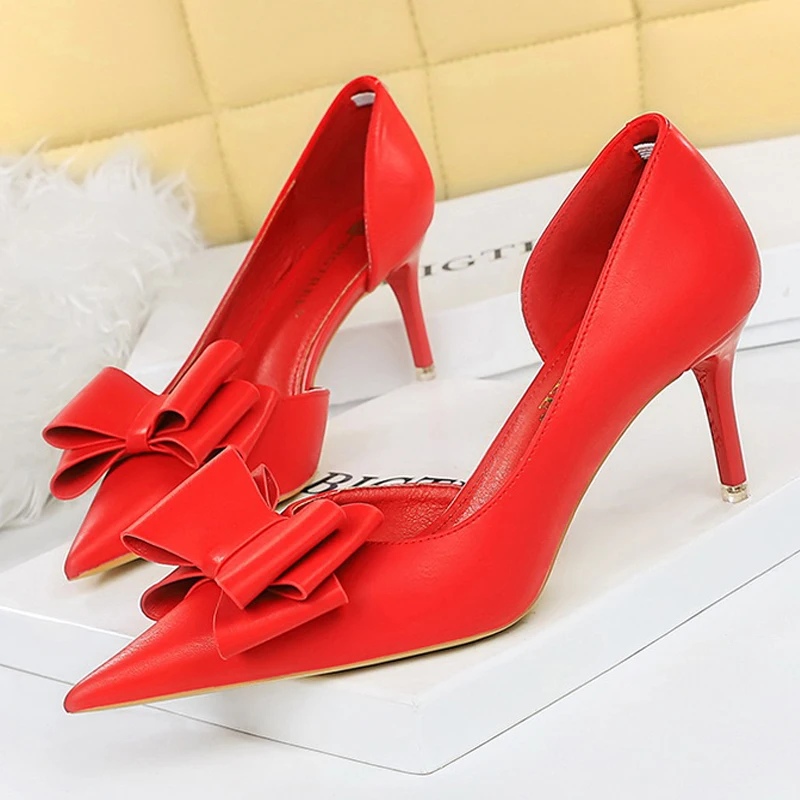 BIGTREE Shoes Pu Leather Kitten Heels Bowknot Stiletto Heels 7.5 Cm Women Pumps Fashion High-heeled Shoes Sexy Wedding Shoes