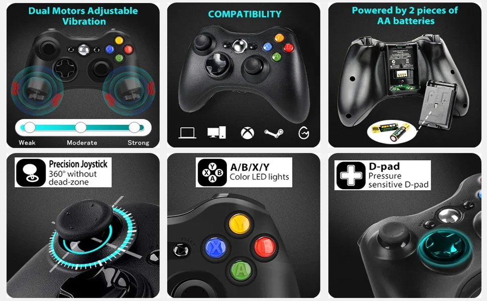 Wireless For 360/Slim/Elite/PC Video Game Gamepad 6-axis Joystick Dual Vibration Xbox 360 Controller_voghion.com
