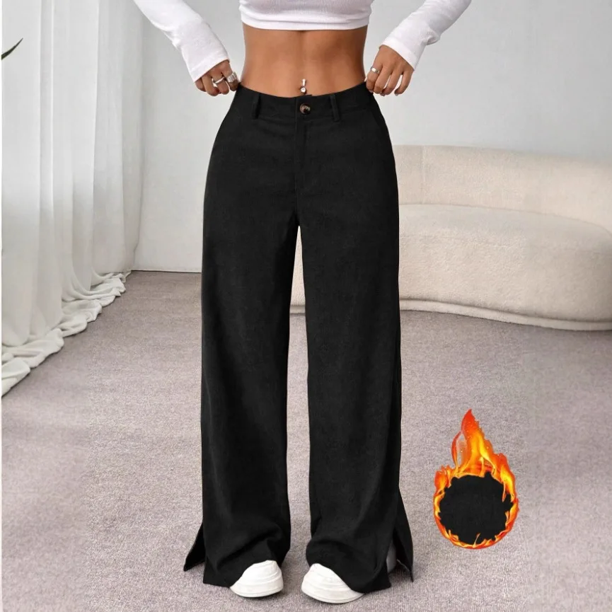 

Fashionable Floor-Length Corduroy Straight Leg Pants with Slits Casual Britsh Style Women's Pants Elastic Waist for Spring Au...