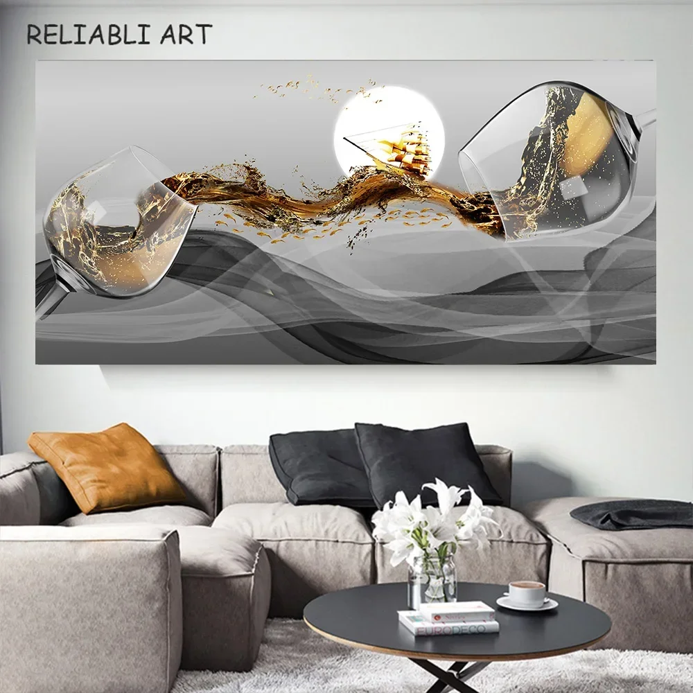 Goblet Sailboat Abstract Gold Wall Art Modern Glass Poster For Living Room Canvas Painting Kitchen Luxury Home Decor No Frame