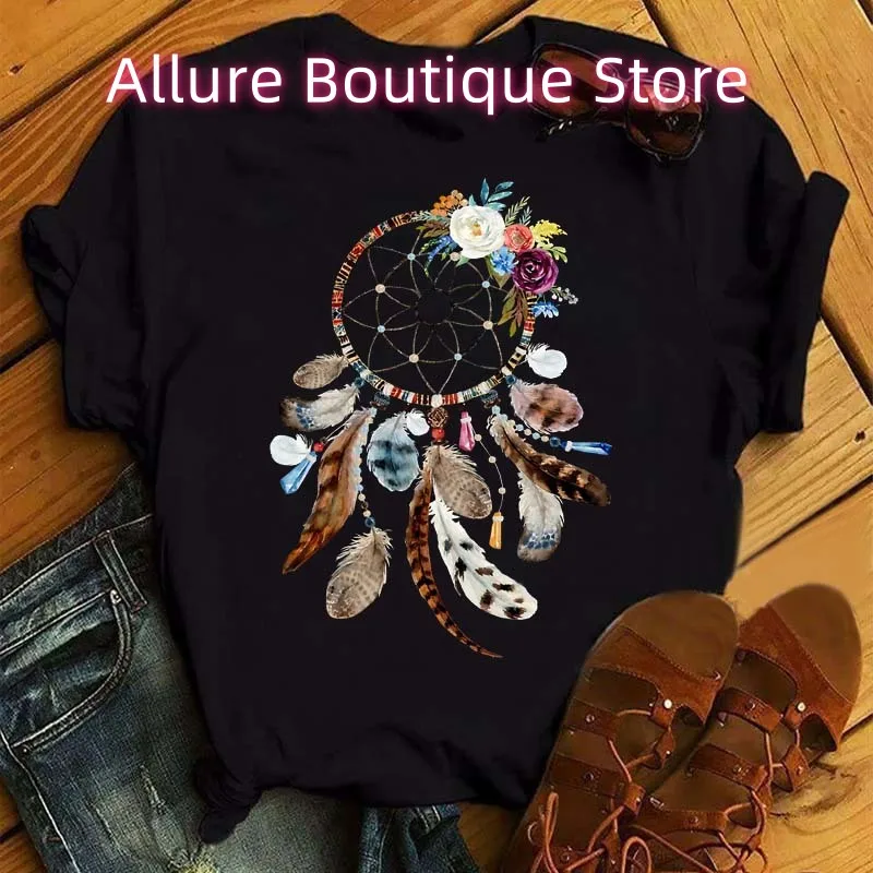 

Модная футболка с перьями «Ловец снов», женская футболка в стиле Харадзюку с графическим рисунком, женская футболка «Ловец снов», одежда, топы