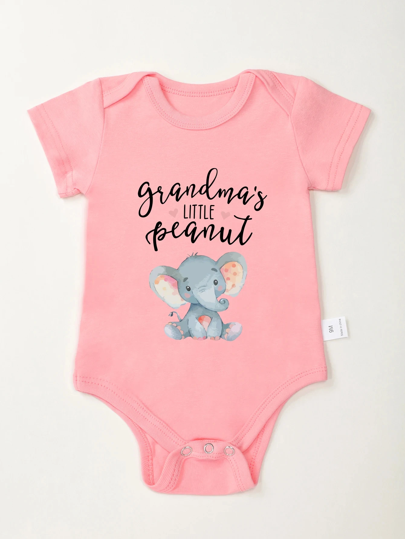 Grandma\'s Little Peanut Cute Newborn Baby Girl Clothes Cartoon Elephant Cotton Beautiful Pink Infant Onesies for 0 to 24 Months