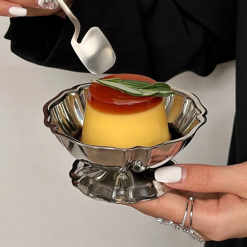 Stainless Steel Dessert Bowl Modern Silver Silver Lotus Shaped Serving DishIce Cream Pudding Cup for Party Kitchen Bar Decor