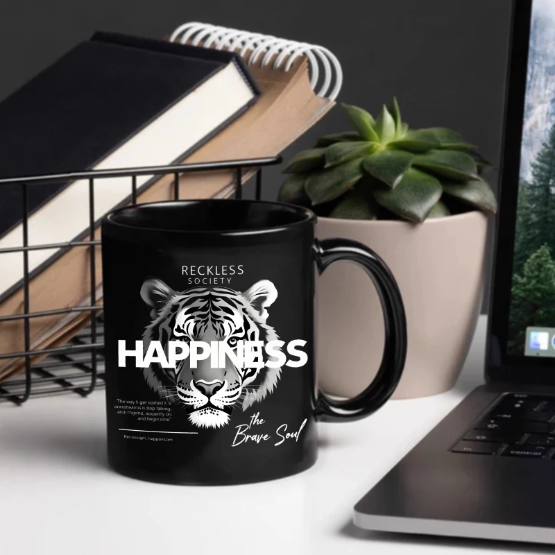 Ceramic mug black tiger and happiness quotes design is suitable for coffee, tea and daily use