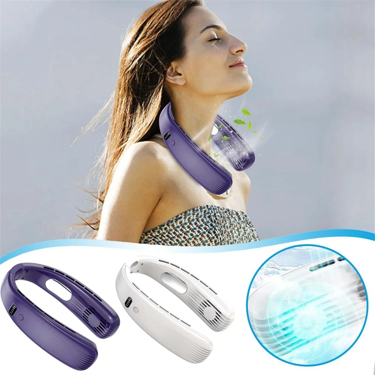 블레이드리스 넥 팬, USB 리프 덜 작동 웨어러블 헤드폰 디자인, 야외 스포츠용 저소음 넥 팬, 흰색