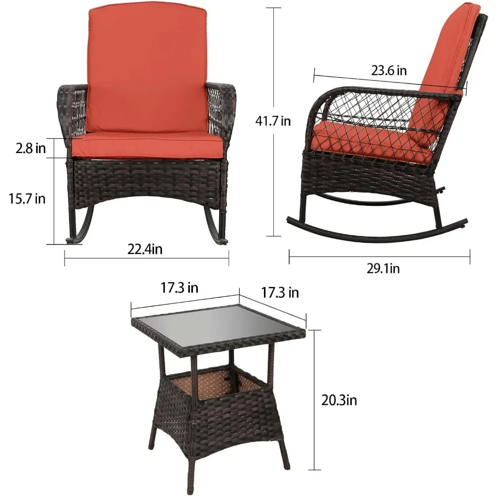 3 قطع كراسي محادثة Rocking Bistro Set كراسي هزازة خارجية من PE Wicker (مجموعة هزازة، برتقالي أحمر)