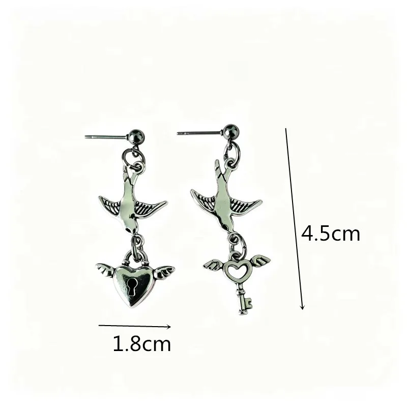 Niche Lovekey Magpie Angel Wings Heart Lock Key Earrings for Women Steel Needle Ins-Style Personalized Jewelry