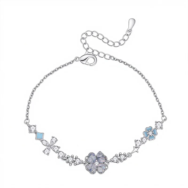 

925 Silver Lucky Pink Flower Bracelet Shining Zircon Can Shine Blue Clover Women's Birthday Party Gift