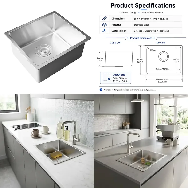 for  15x13 Stainless Steel Brushed Recessed Modern Single Slot Rectangular Kitchen Sink with Drain Hole  Dining Room Use
