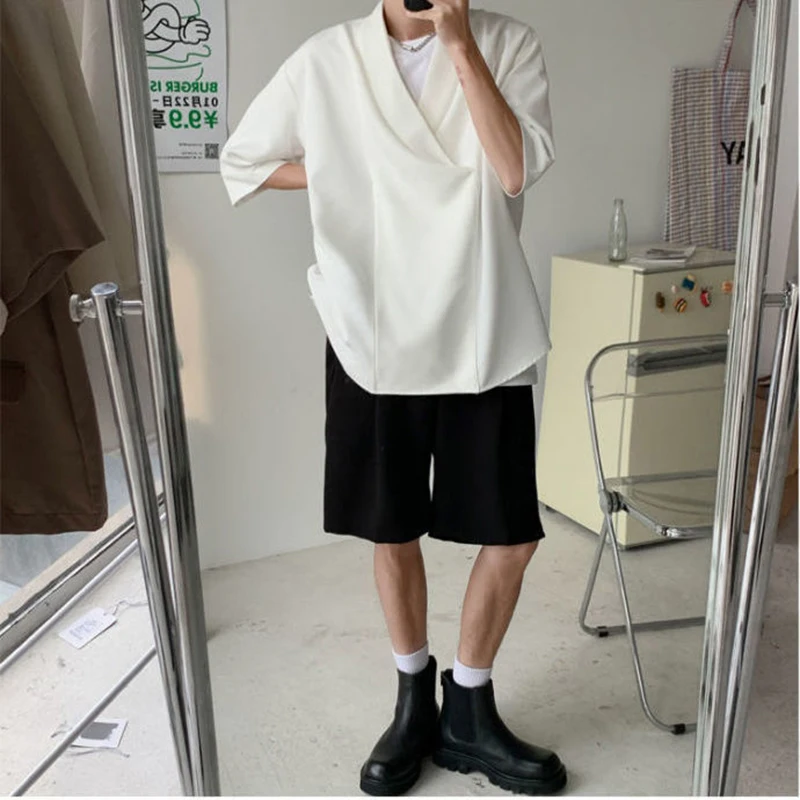 Japanese Style Streetwear Thin Oversized Summer V Neck Short Sleeve Men Sweatshirt Fashion Harajuku Casual T Shirt White Black