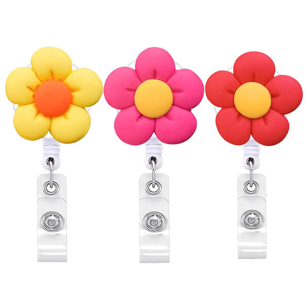 3Pcs Colorful Flower Badge Buckles Retractable Id Card Holder Nurse Student Multi-Function Badge Clips Work Accessory