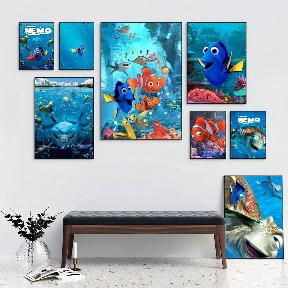 1PC finden Nemo Sea World Cartoon Poster selbst klebende Kunst wasserdichten Papier Aufkleber Kaffeehaus Bar Zimmer Wand dekoration