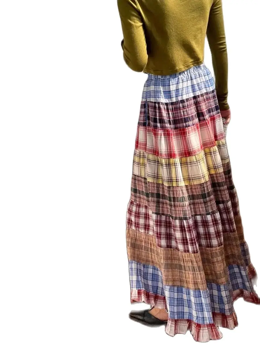 Design Sense Skirt Vintage Skirts For Women Plaid Stitching Design Aesthetics High Waist Long Skirt Spring All Match Loose