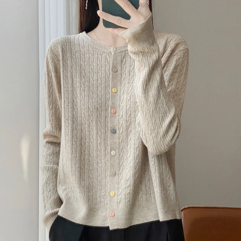 

Women's New Merino Wool Cardigan O-neck Twisted Dot Yarn Sweater Long-sleeve Clothing Autumn Winter Warm Knitwear No Itching Top
