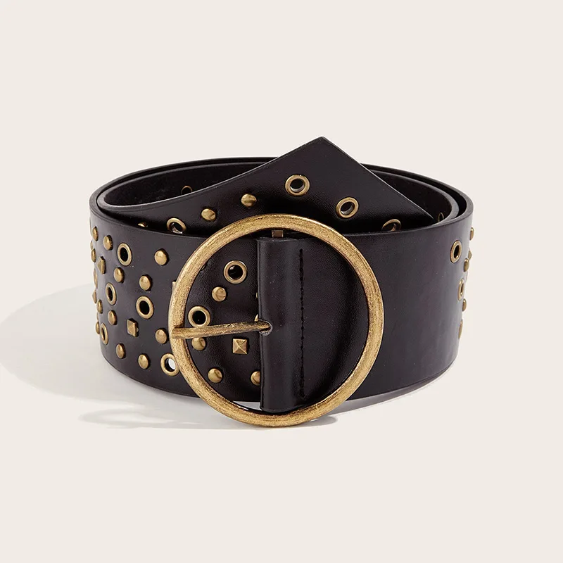 Ladies' Y2k Retro Punk Street Fashion Hollow Belt Artificial Leather Metal Ring Nail Bead Accessory Fashionable Rivet Wide Belt