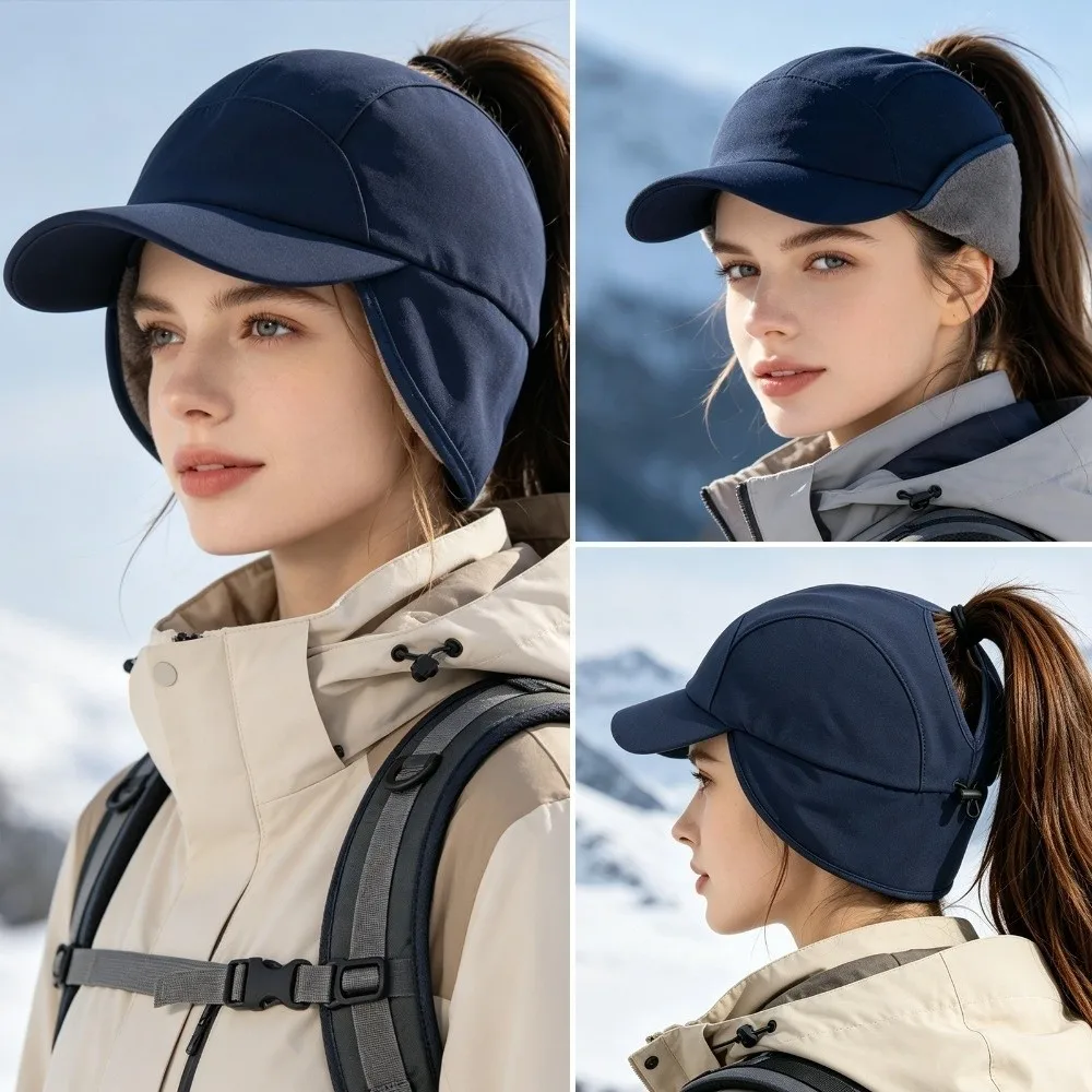 Warm Ear Flap Baseball Cap Thickened Fleece Ear Protection Windproof Running Hat Adjustable Snapback Ponytail Opening