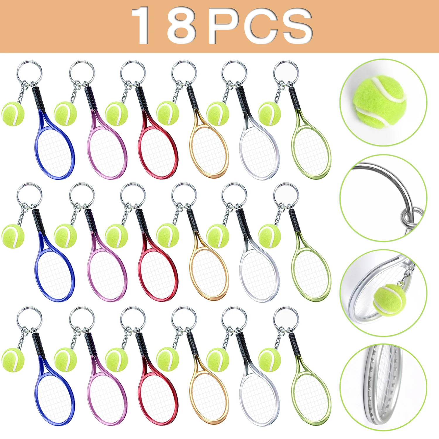 

18Pcs Tennis Keychain Tennis Racket Key Ring Alloy Tennis Ball Split Ring Tennis Trinkets for Tennis Sport Lover Team 6 Colors