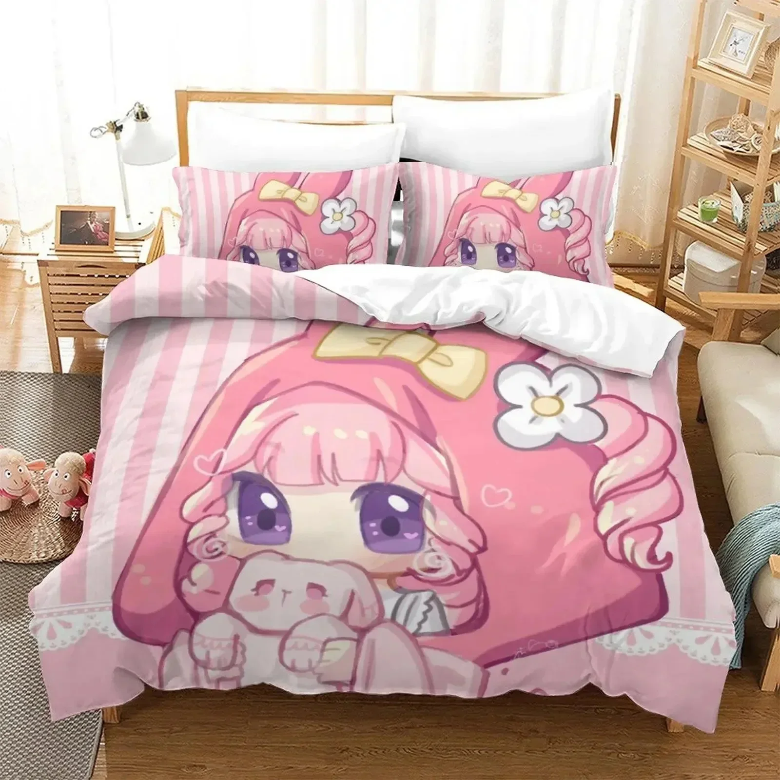 Anime Aesthetic Girl Art Strawberry Comfortable Duvet Quilt Cover Pillowcase Bedding Set Bedroom Decoration Home Textile