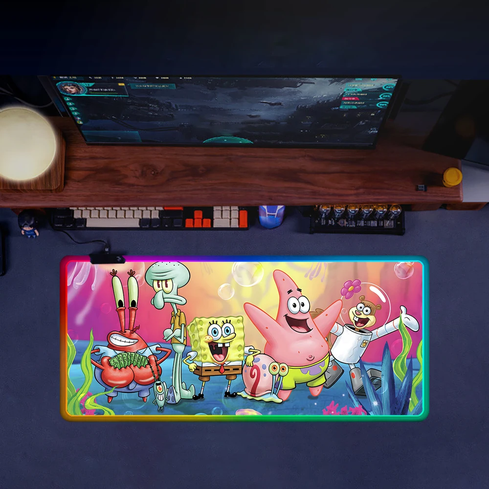 RGB Pc Gamer Keyboard Mouse Pad Mousepad LED Glowing Mouse Mats Rubber Gaming Computer S-SpongeBobs Mausepad