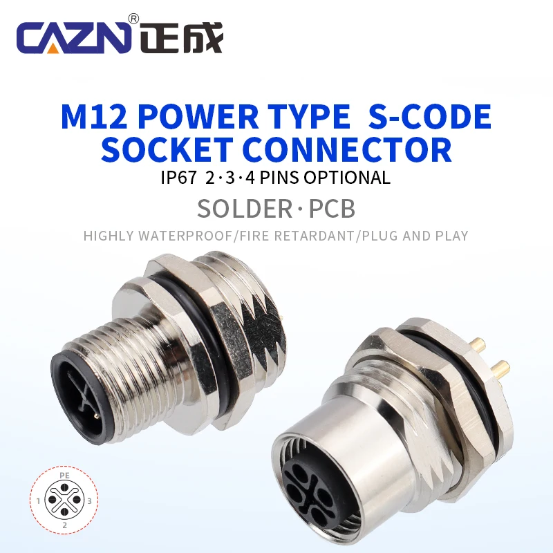 M12 S-Coded Solder Socket Male Female Front Back Panel Mount 3 4 Pin IP67 Waterproof for Power Supply & Industrial Equipment