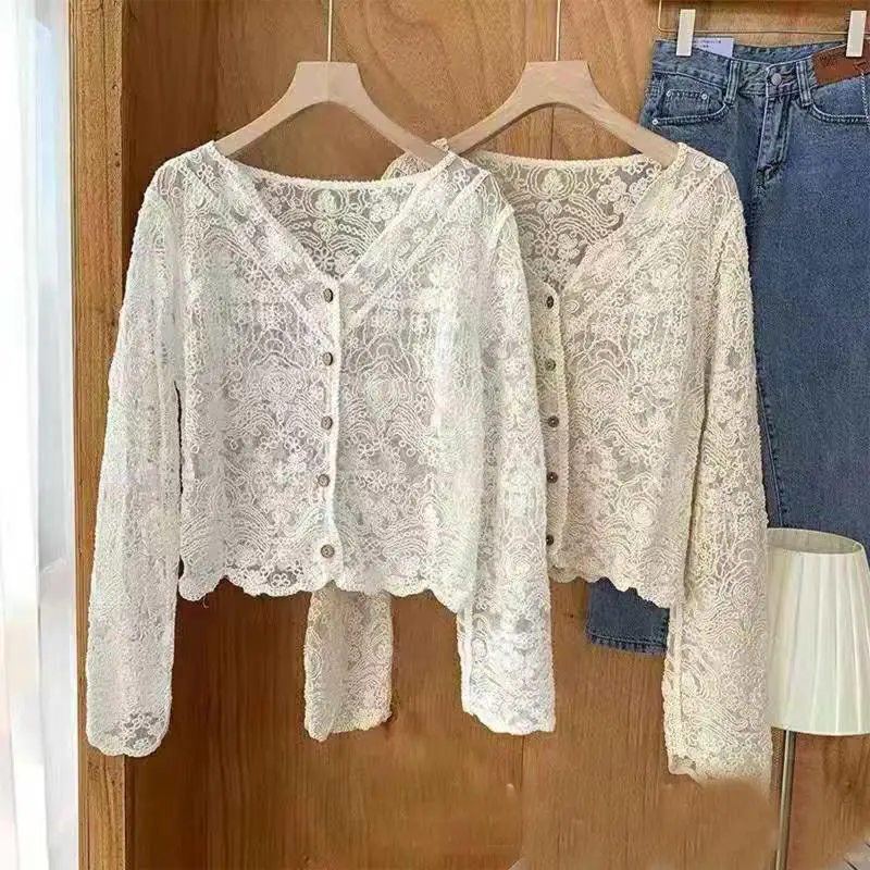 Women Korean Lace Flare Long Sleeve Blouse V-Neck Button Down Cropped Cardigan Hollow Crochet Floral See Through Thin Shirts