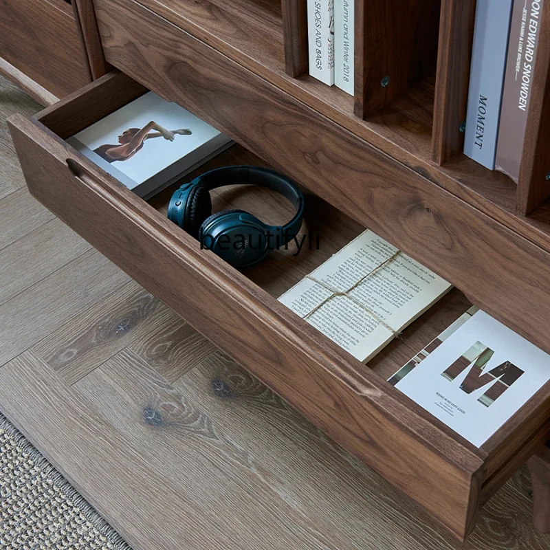 VSolid Wood Bookcase Black Walnut Wooden Display Case Nordic Study Free Combination Bookshelf