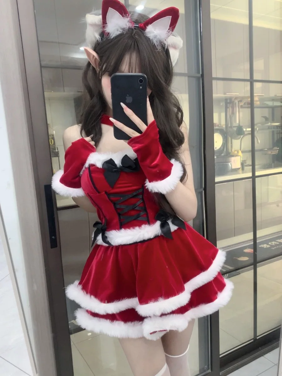 Seksowny Czerwony Strój Króliczka Cosplay Dr Cute Kostium na Halloween Cisas Maid Spódnica w kształcie litery A Sukienka na ramiączkach dla Nastolatek