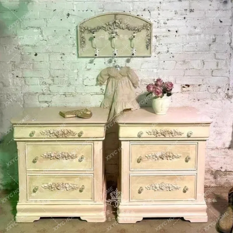 L solid wood bedside table  country storage exquisite carved chest of drawers