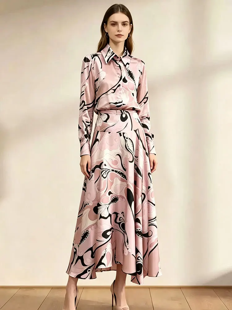 In the autumn of 2026, the new elegant women's suit with geometric printing and long-sleeved shirt was set in overskirt for vaca