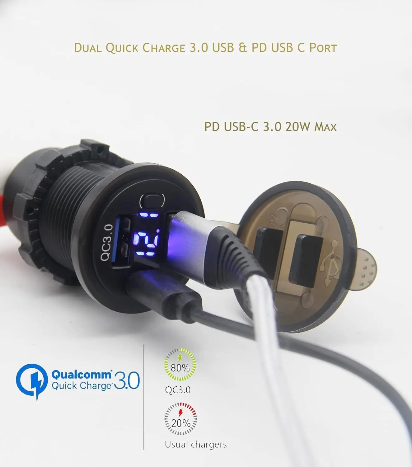 Caricabatteria da auto doppio USB Quick Charge 3.0 e PD USB-C con voltmetro e interruttore di alimentazione