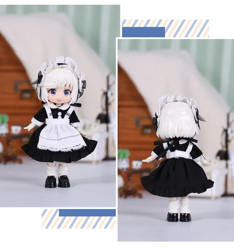 OB11 Doll Gothic Maid Lolita Lace Frill Apron with Mesh Bow Headwear Button Dress for Girl Toys Dollhouse Cute Clothes