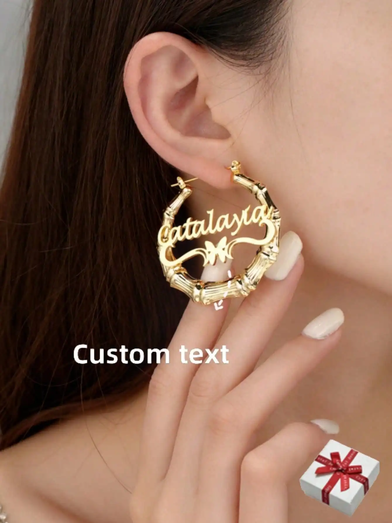 50mm personalized name bamboo earrings, custom large bamboo butterfly shape earrings, fashion all-match, retro, old money style