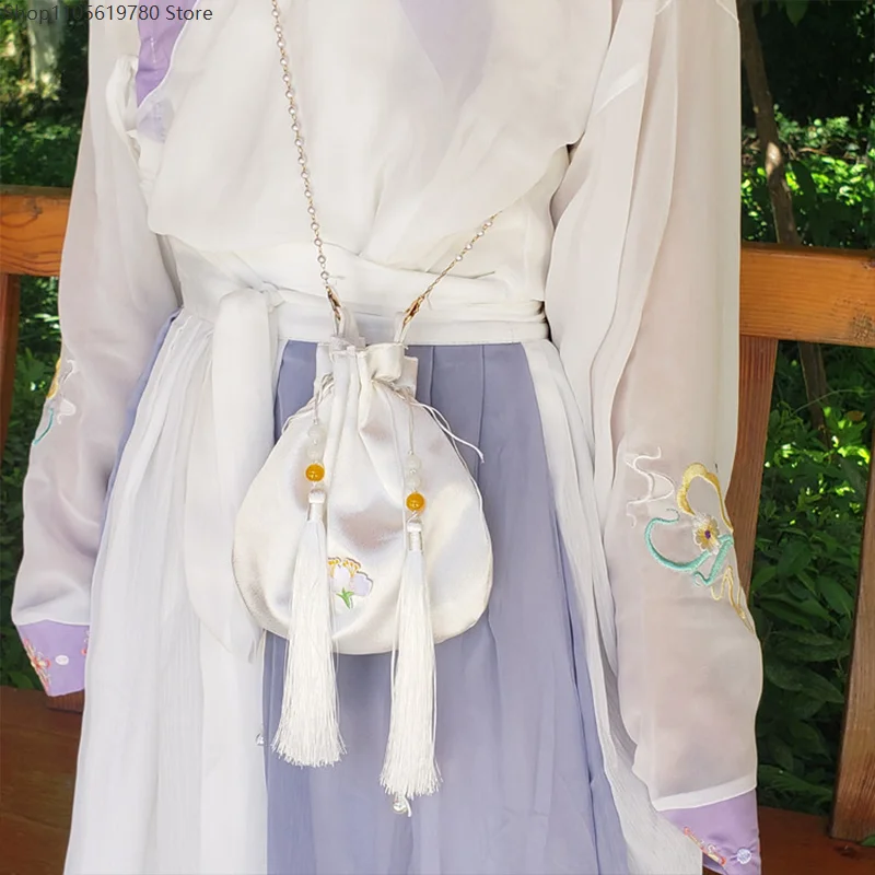 2026 Chinese Style Satin Hanfu Bag Vintage Embroidery Tassel Small Bag Purse Oriental Style Ancient Hanfu Cosplay Bag Gifts