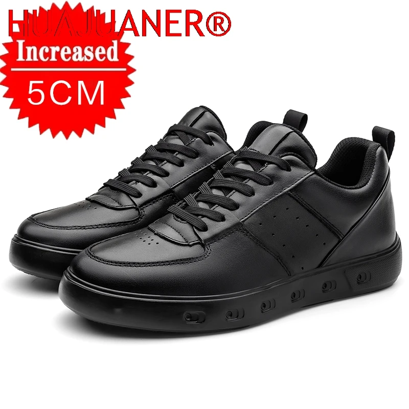 

Luxury Fashion Leather Sneakers Men Breathable low-top Casual Shoes Height Increase Insole 5cm Solid Color Lace-up Men's Shoes
