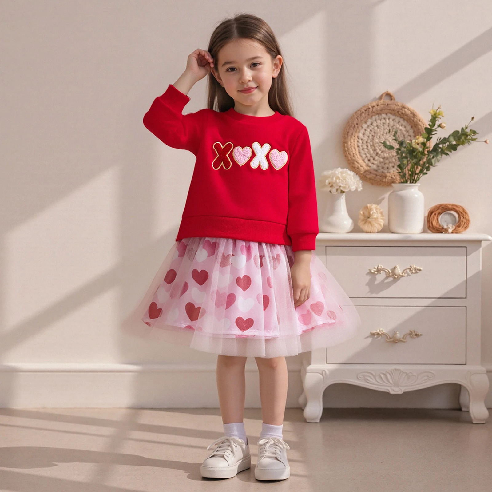 0-4Y Toddler Baby Girl Valentines Day Outfit Heart Long Sleeve Sweatshirt Tops Tulle Mesh Skirt 2 Piece Children's Sets