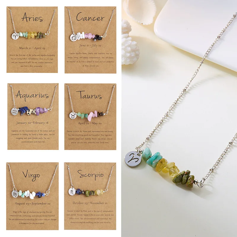 Natural Stone 12 Zodiac Constellation Charm Crushed Stone Beaded Necklace for Men Women Couple Choker Virgo Leo Libra Jewelry
