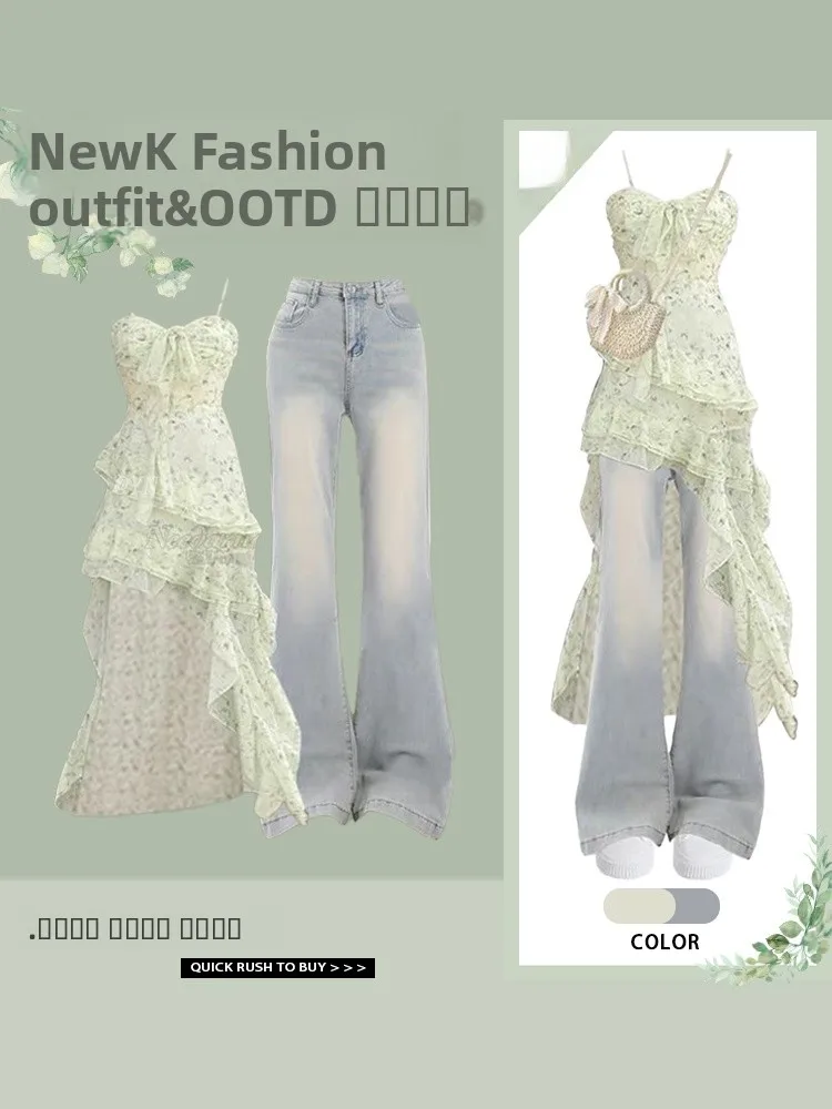 

Fashionable Floral Halter Dress Set with Gradient Jeans Long Sleeve Polyester Fiber Whole Ensemble for Young Women 18-25