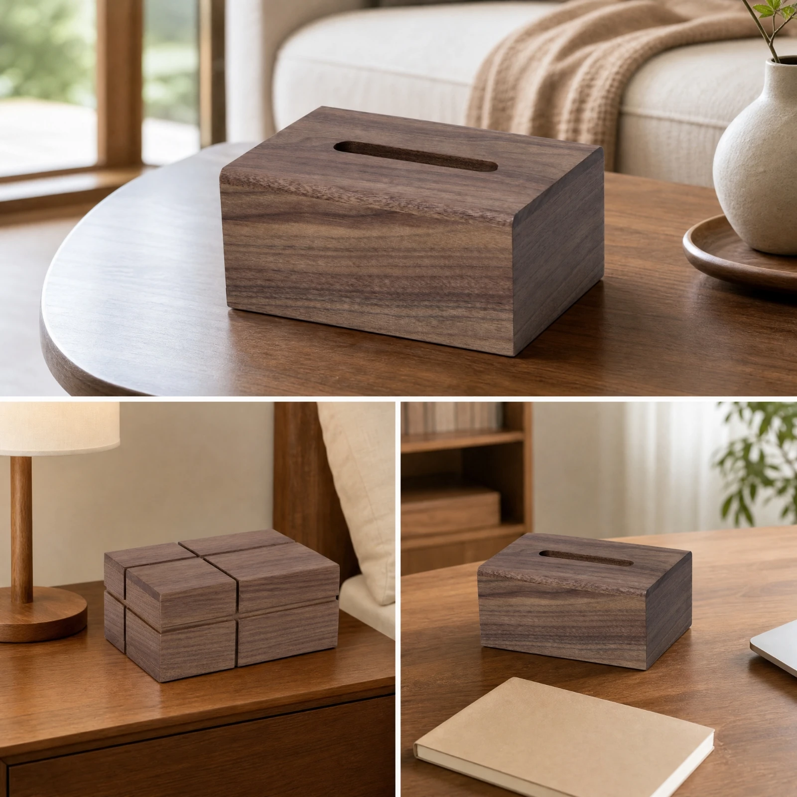 Tissue Box Holder with Removable Bottom Panel Easy Refill Walnut Wood Tissue Box Compact Long-Lasting for Living Room