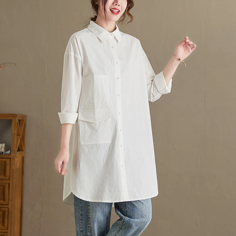 ربيع الخريف فضفاض طويل Sve القطن irt حجم كبير التخسيس طويل irt لون نقي المرأة عادية Faion Sle #4