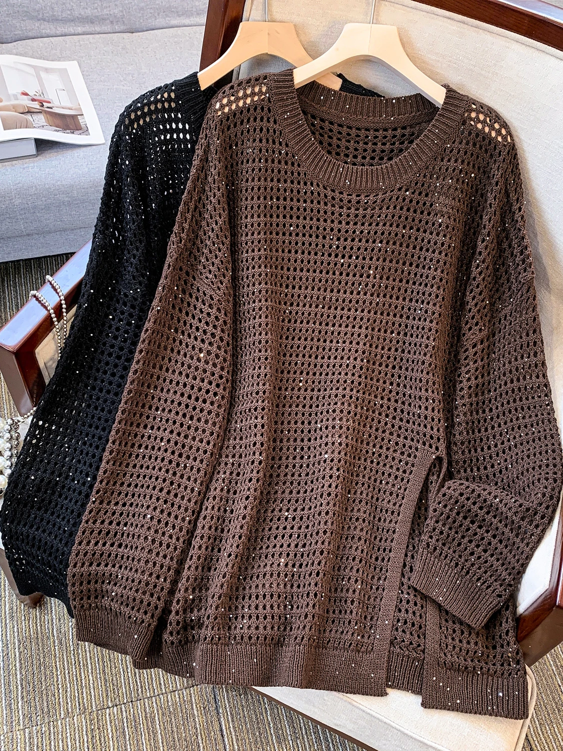 Loose Knitted Sweater Women's plus Size Open Slit Glittery Casual Sle mid Autumn New Arrival Breathable Comfortable Long Sl...