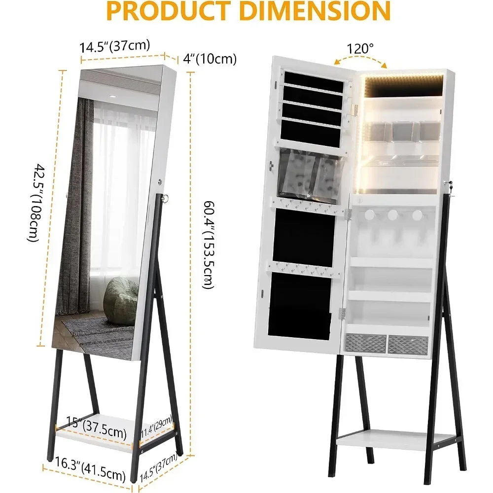 Comprimento total Espelho com Pé Armário, Jóias Cabinet, Standing Espelho, 42,5 polegadas, 3 LEDs