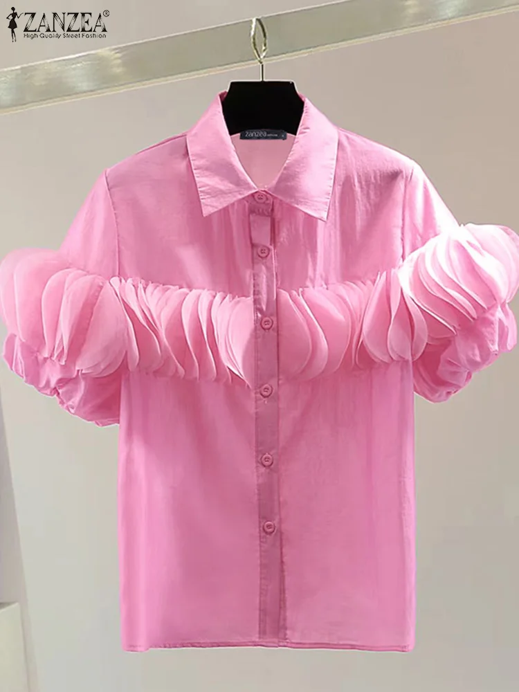 ZANZEA Women Summer Shirt Chic Puff Short Sleeve Ruffle Blouse Elegant Party Tunic 2024 Fashion Ruffle Blusas Casual Loose Tops