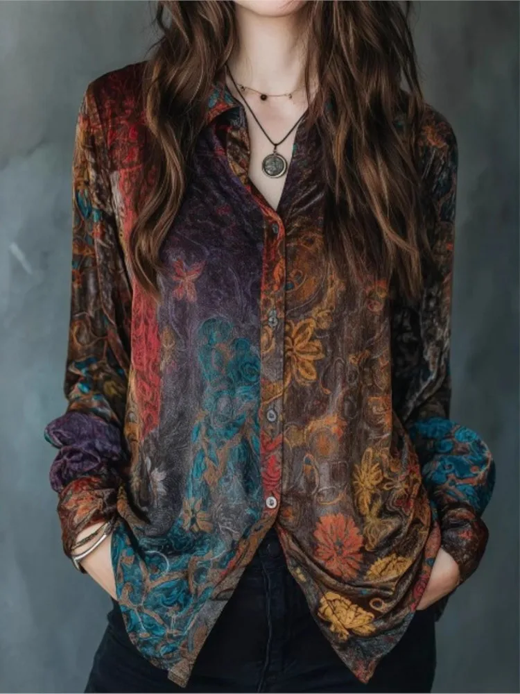 

Fashion Lapel Long Sleeve Single Breasted Shirt For Women Spring Autumn Retro Flower Printing Painted Casual Loose Shirt Female