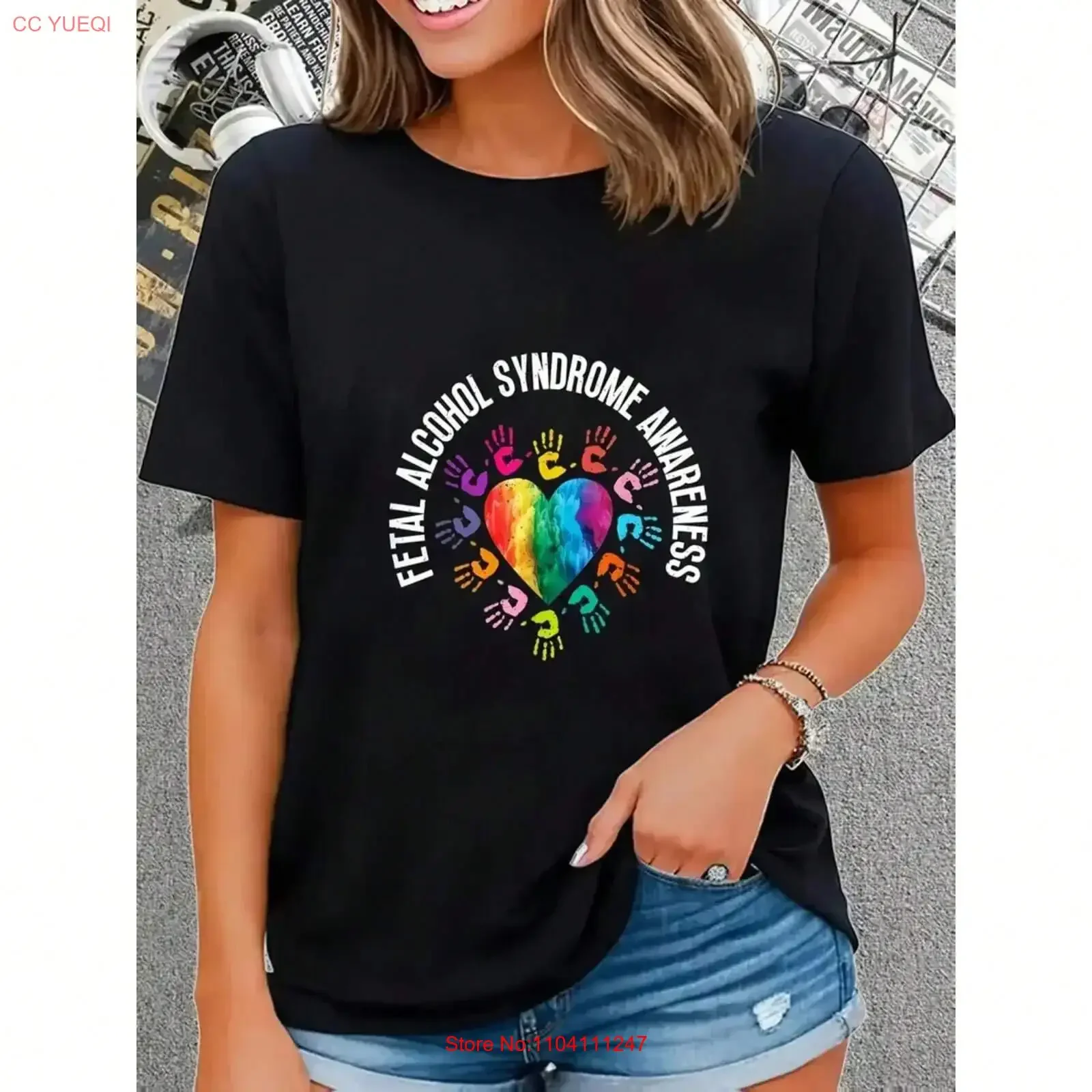 Colorful handprint and heart shaped pattern short sleeved shirt fashionable vintage Washed Breathable Slightly fashion