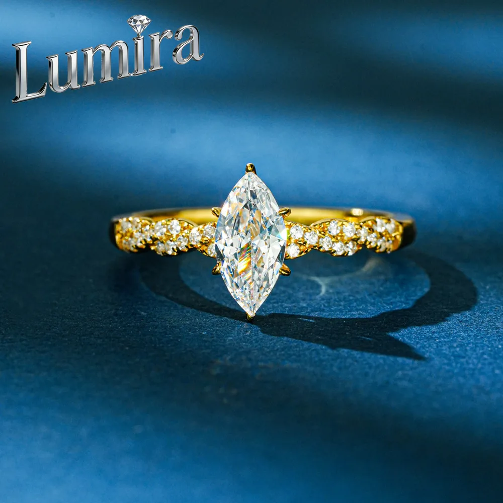 Lumira 100% 18K Gold Marquise 1-carat Moissanite Ring, Twisted Setting with Diamond for Uniquely Shaped Gemstone Engagement Ring